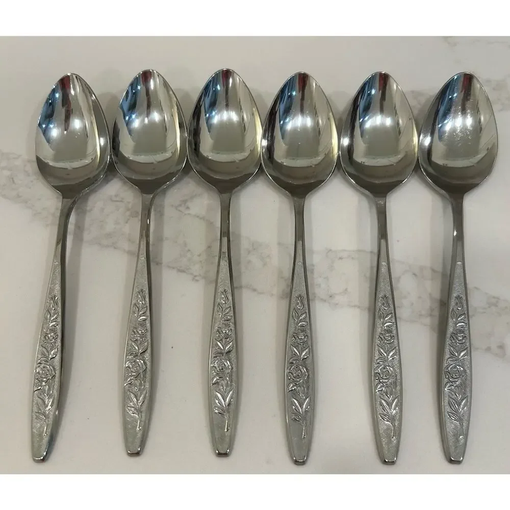 Eldan ELD18 Set Of 6 Dinner Spoons MAY ROSE Textured Roses Stainless Vintage MCM